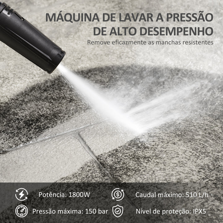 Lavadora de Alta Pressão 1800W Caudal de 510 L/h com Bomba de Alumínio Paragem Automática Pressão de 150 Bar Mangueira de 6 m Inclui Garrafa de Sabão Bico e Escova Verde e Preto