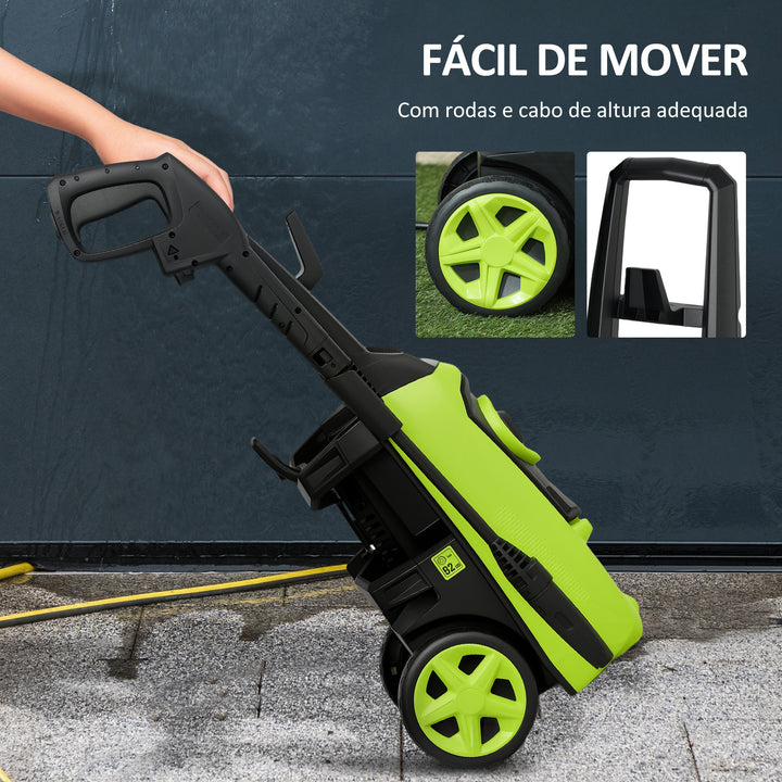 Lavadora de Alta Pressão 1800W Caudal de 510 L/h com Bomba de Alumínio Paragem Automática Pressão de 150 Bar Mangueira de 6 m Inclui Garrafa de Sabão Bico e Escova Verde e Preto