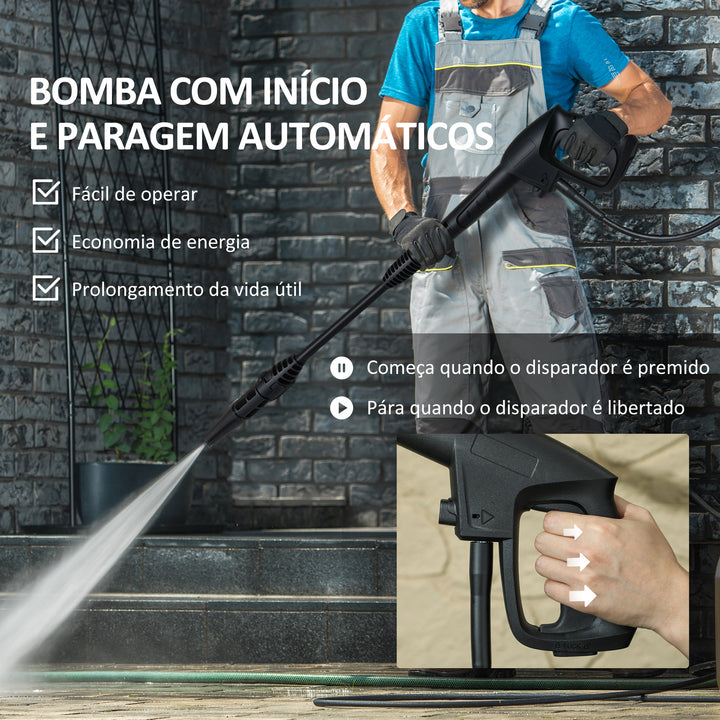 Lavadora de Alta Pressão 1800W Caudal de 510 L/h com Bomba de Alumínio Paragem Automática Pressão de 150 Bar Mangueira de 6 m Inclui Garrafa de Sabão Bico e Escova Verde e Preto