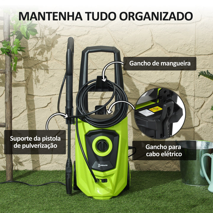 Lavadora de Alta Pressão 1800W Caudal de 510 L/h com Bomba de Alumínio Paragem Automática Pressão de 150 Bar Mangueira de 6 m Inclui Garrafa de Sabão Bico e Escova Verde e Preto