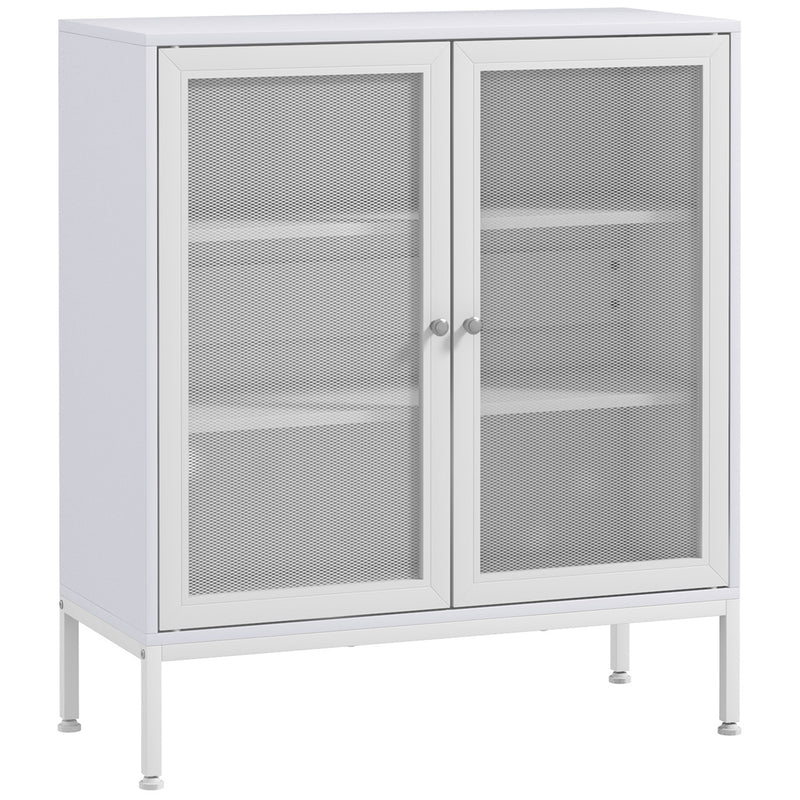 Aparador de 3 Níveis Móvel Auxiliar com Portas de Malha e Prateleira Ajustável Aparador de Cozinha Moderno para Sala 80x37x92 cm Branco