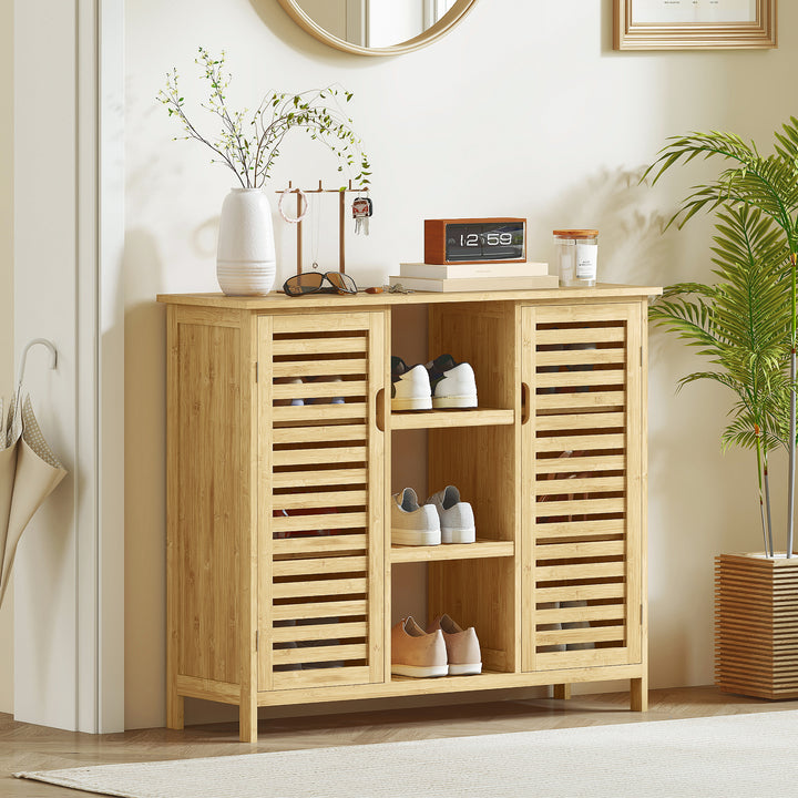 Sapateira com 2 Portas de Bambu em Ripas Sapateira para Entrada com Prateleiras e Compartimentos Abertos para 9 Pares de Sapatos 100x33x86 cm Madeira