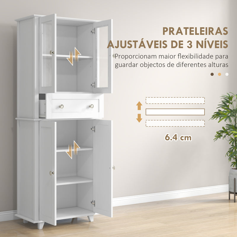 Armário de Cozinha Móvel Auxiliar de Cozinha com 2 Portas de Vidro Temperado Gaveta e Prateleiras Ajustáveis para Sala 61x35x168,5 cm Branco