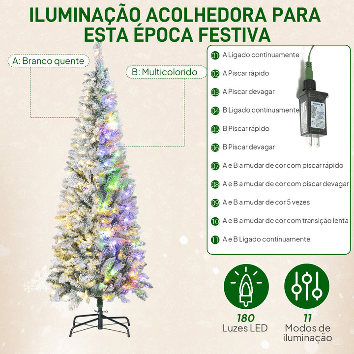 Árvore de Natal Estreita 180 cm Árvore de Natal Nevada com Luzes LED Bicolores 11 Modos de Iluminação 479 Ramos Suporte Metálico Montagem Fácil Verde
