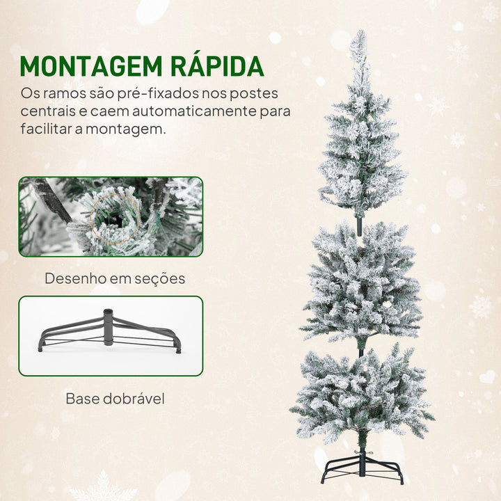 Árvore de Natal Estreita 180 cm Árvore de Natal Nevada com Luzes LED Bicolores 11 Modos de Iluminação 479 Ramos Suporte Metálico Montagem Fácil Verde