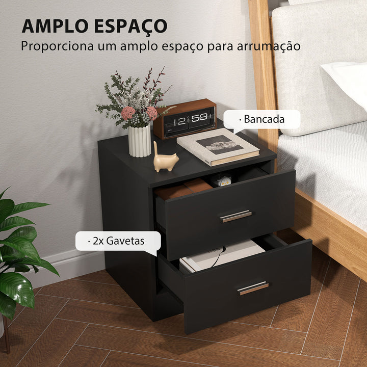 Mesa de Cabeceira Moderna Mesa de Cabeceira com 2 Gavetas Mesa Auxiliar para Sala Quarto Capacidade 30 kg 45x39,5x49 cm Preto