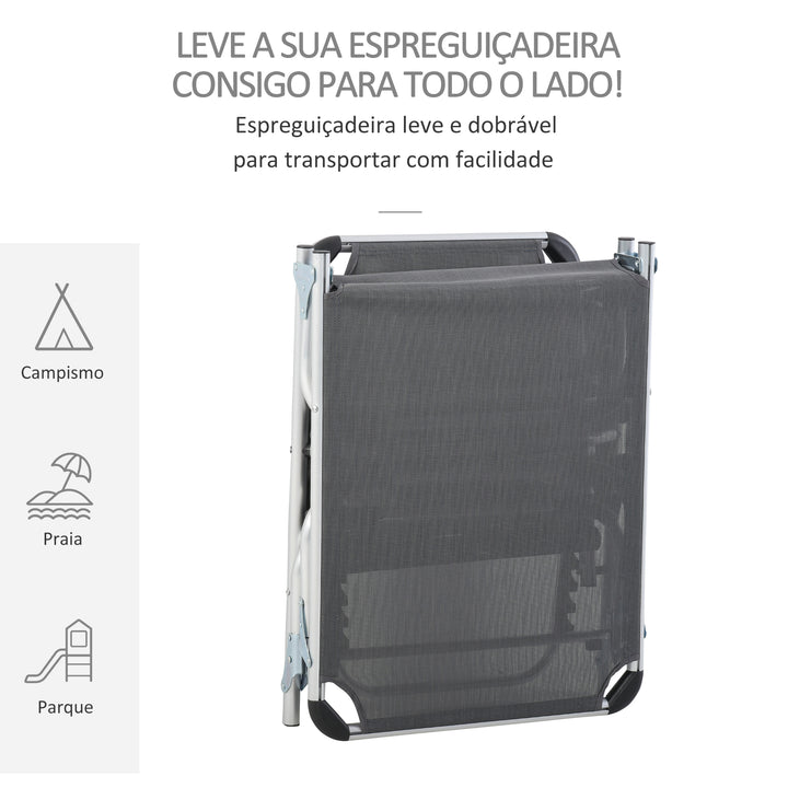 Espreguiçadeira de Jardim Dobrável com Apoio para a Cabeça Removível e Encosto Ajustável em 4 Posições para Jardim Terraço Campismo Exterior 170x60x76cm Cinza
