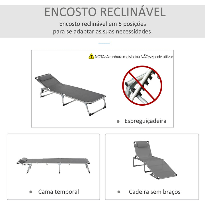 Espreguiçadeira de Jardim Dobrável com Apoio para a Cabeça Removível e Encosto Ajustável em 4 Posições para Jardim Terraço Campismo Exterior 170x60x76cm Cinza