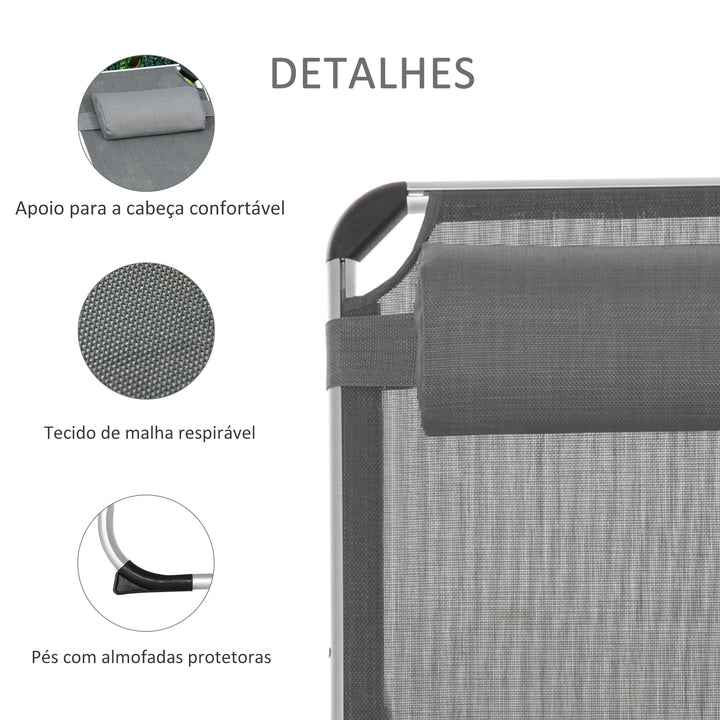 Espreguiçadeira de Jardim Dobrável com Apoio para a Cabeça Removível e Encosto Ajustável em 4 Posições para Jardim Terraço Campismo Exterior 170x60x76cm Cinza