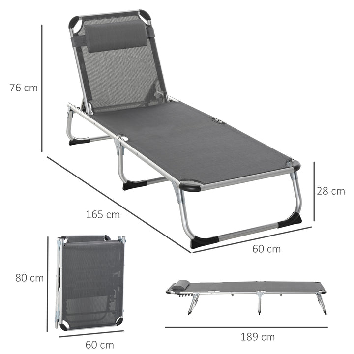 Espreguiçadeira de Jardim Dobrável com Apoio para a Cabeça Removível e Encosto Ajustável em 4 Posições para Jardim Terraço Campismo Exterior 170x60x76cm Cinza
