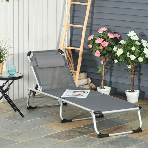 Espreguiçadeira de Jardim Dobrável com Apoio para a Cabeça Removível e Encosto Ajustável em 4 Posições para Jardim Terraço Campismo Exterior 170x60x76cm Cinza
