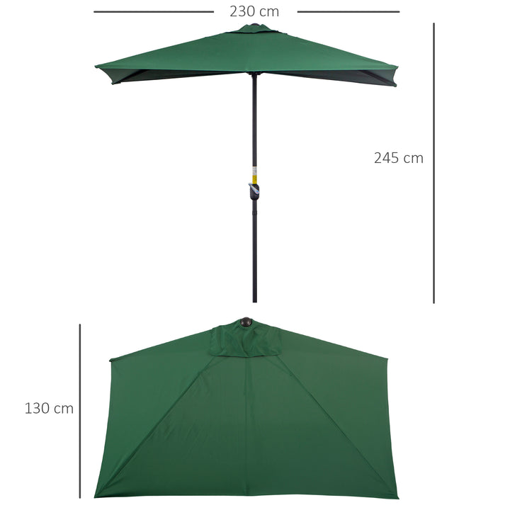Chapéu de Sol Semicircular 230x130x245 cm Chapéu de Sol para Parede Jardim Meio Chapéu de Sol com Manivela Proteção UV 30+ e Mastro Metálica Ø38 mm Terraço Varanda Verde