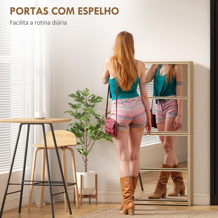 Sapateira Estreita com Espelho 4 Portas Abatíveis Sapateira para Entrada Corredor para 12 Pares de Sapatos Para Corredor Espaços Reduzidos 63x17x146 cm Madeira