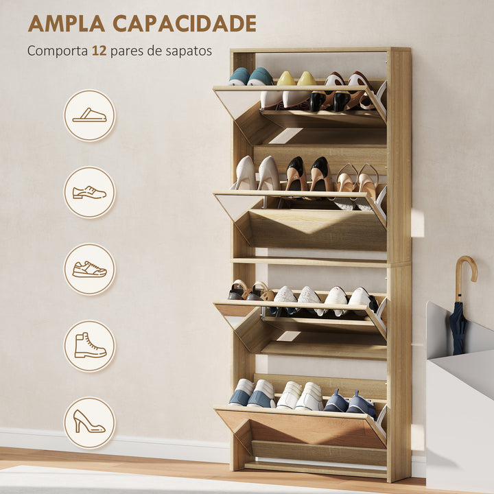 Sapateira Estreita com Espelho 4 Portas Abatíveis Sapateira para Entrada Corredor para 12 Pares de Sapatos Para Corredor Espaços Reduzidos 63x17x146 cm Madeira