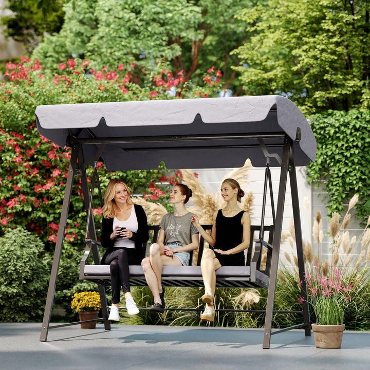 Baloiço de Jardim para 3 Pessoas Banco Baloiço com Toldo Ajustável Almofada e Estrutura de Aço Resistente às Intempéries 205x133x181 cm Cinzento