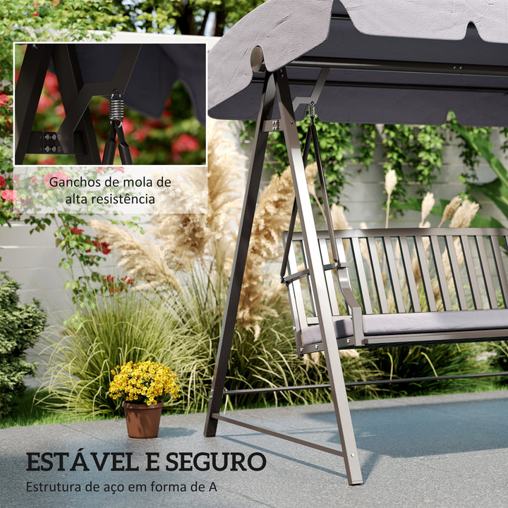 Baloiço de Jardim para 3 Pessoas Banco Baloiço com Toldo Ajustável Almofada e Estrutura de Aço Resistente às Intempéries 205x133x181 cm Cinzento
