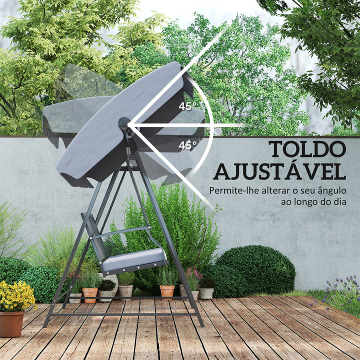 Baloiço de Jardim para 3 Pessoas Banco Baloiço com Toldo Ajustável Almofada e Estrutura de Aço Resistente às Intempéries 205x133x181 cm Cinzento