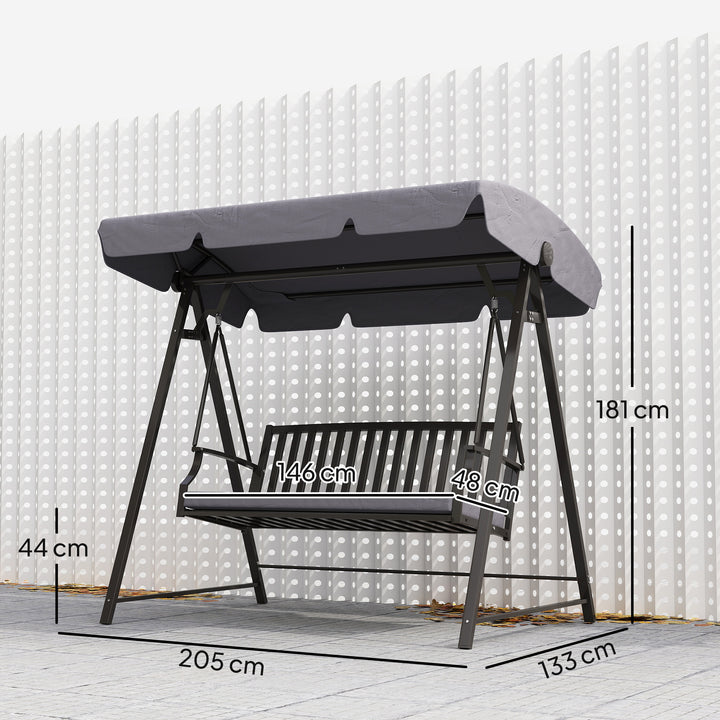 Baloiço de Jardim para 3 Pessoas Banco Baloiço com Toldo Ajustável Almofada e Estrutura de Aço Resistente às Intempéries 205x133x181 cm Cinzento