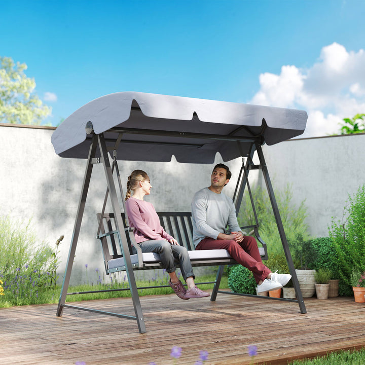 Baloiço de Jardim para 3 Pessoas Banco Baloiço com Toldo Ajustável Almofada e Estrutura de Aço Resistente às Intempéries 205x133x181 cm Cinzento