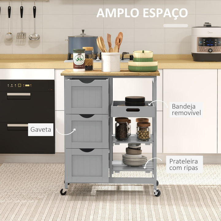 Carrinho de Cozinha com Rodas Carrinho de Serviço Multiuso com 3 Gavetas 2 Prateleiras Abertas e Bandeja para Sala de Jantar Sala de Estar 67x37x85,5 cm Cinzento