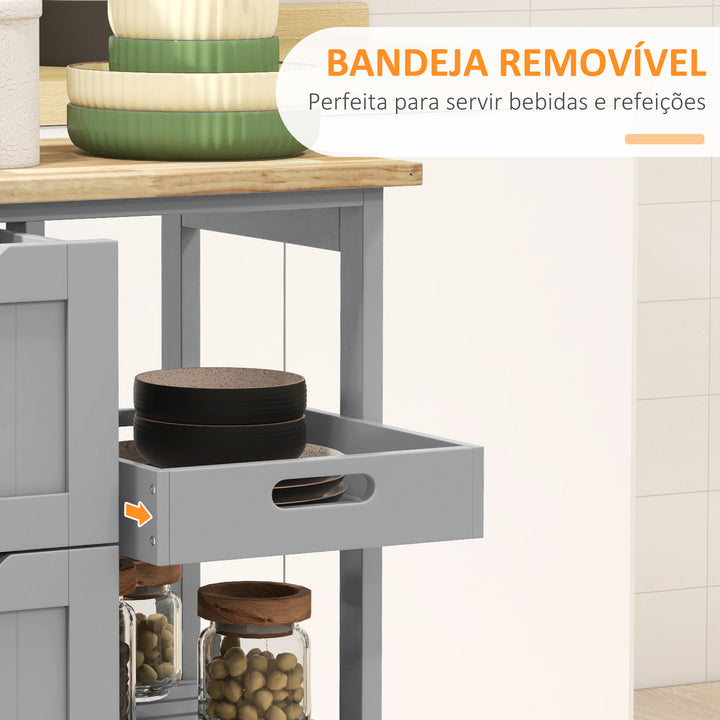 Carrinho de Cozinha com Rodas Carrinho de Serviço Multiuso com 3 Gavetas 2 Prateleiras Abertas e Bandeja para Sala de Jantar Sala de Estar 67x37x85,5 cm Cinzento