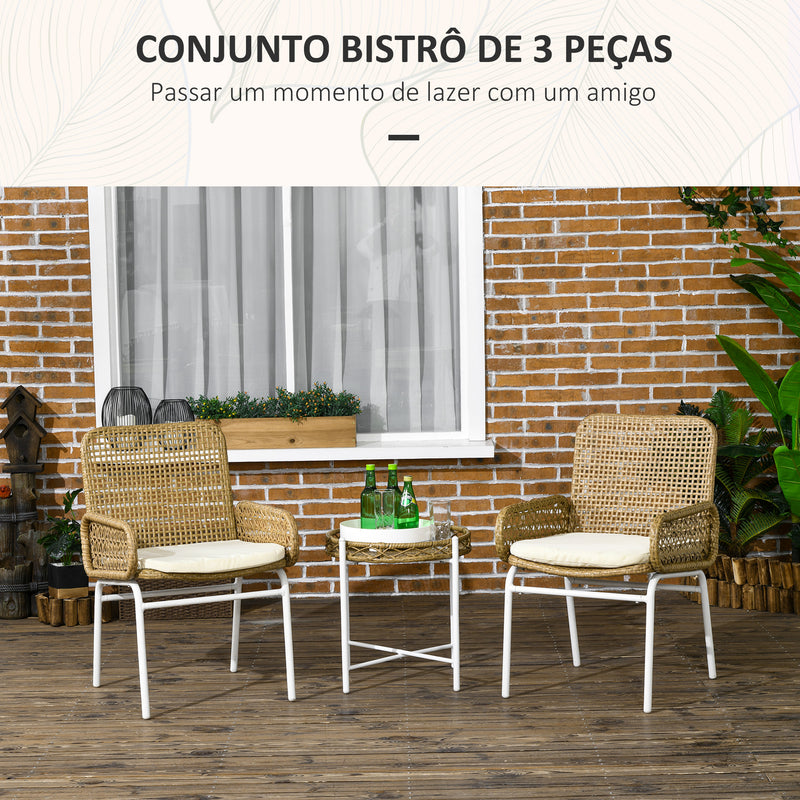 Conjunto de Mesa e Cadeiras para Exterior Conjunto de 3 Peças Inclui 2 Cadeiras e 1 Mesa de Centro de Vime com Almofadas para Terraço Pátio Natural