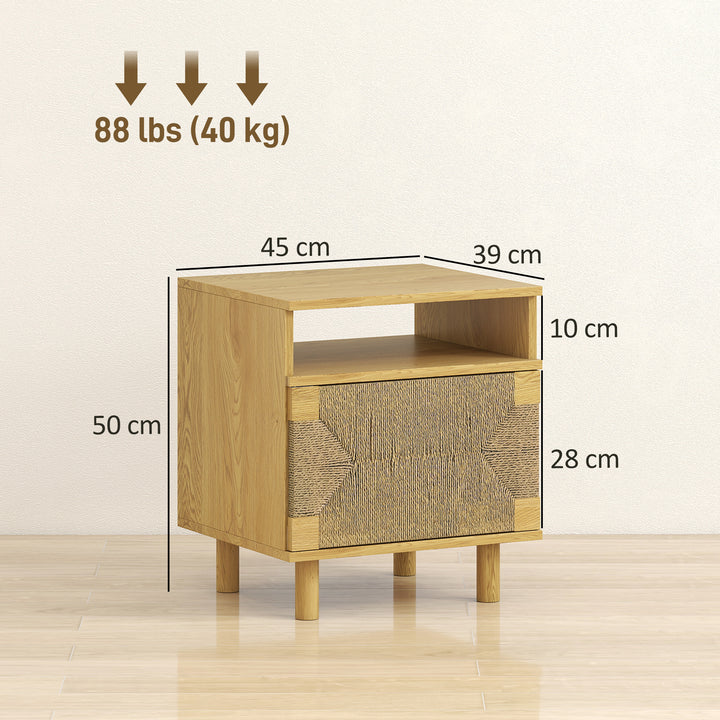 Mesa de Cabeceira Estilo Boémio com Porta de Corda de Papel Prateleira Aberta Pés de Madeira e Abertura por Pressão Mesa Auxiliar para Quarto Sala 45x39x50 cm Carvalho