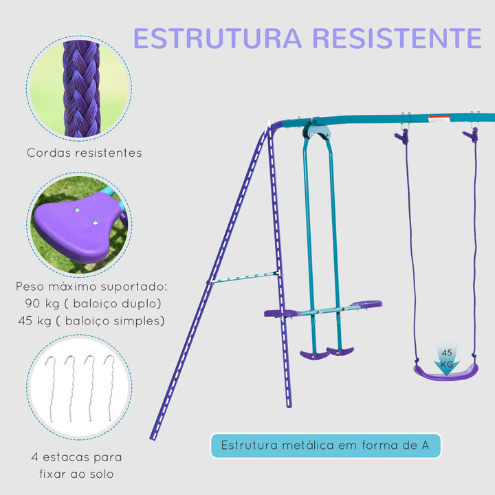 Conjunto de Baloiços de Jardim de Metal com Altura Ajustável Baloiços para Crianças acima de 3 Anos com Baloiço Duplo Baloiço para Pátio Exterior 280x140x178 cm Azul e Roxo