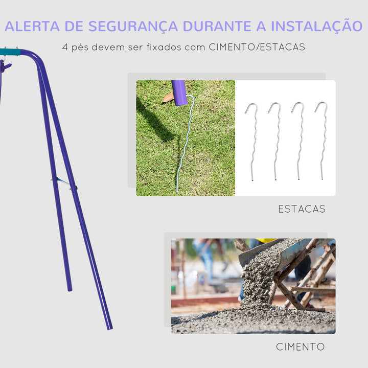 Conjunto de Baloiços de Jardim de Metal com Altura Ajustável Baloiços para Crianças acima de 3 Anos com Baloiço Duplo Baloiço para Pátio Exterior 280x140x178 cm Azul e Roxo