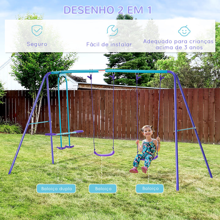Conjunto de Baloiços de Jardim de Metal com Altura Ajustável Baloiços para Crianças acima de 3 Anos com Baloiço Duplo Baloiço para Pátio Exterior 280x140x178 cm Azul e Roxo