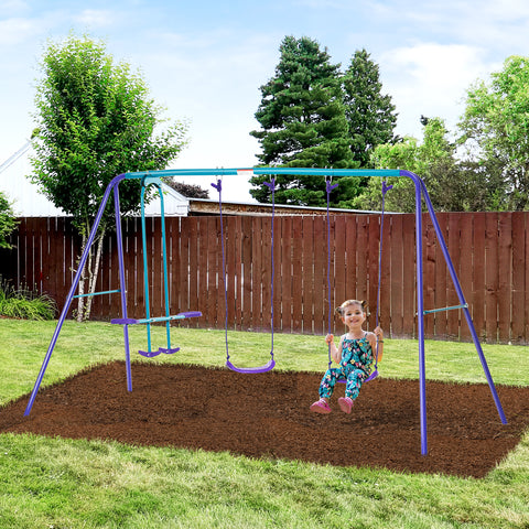 Conjunto de Baloiços de Jardim de Metal com Altura Ajustável Baloiços para Crianças acima de 3 Anos com Baloiço Duplo Baloiço para Pátio Exterior 280x140x178 cm Azul e Roxo