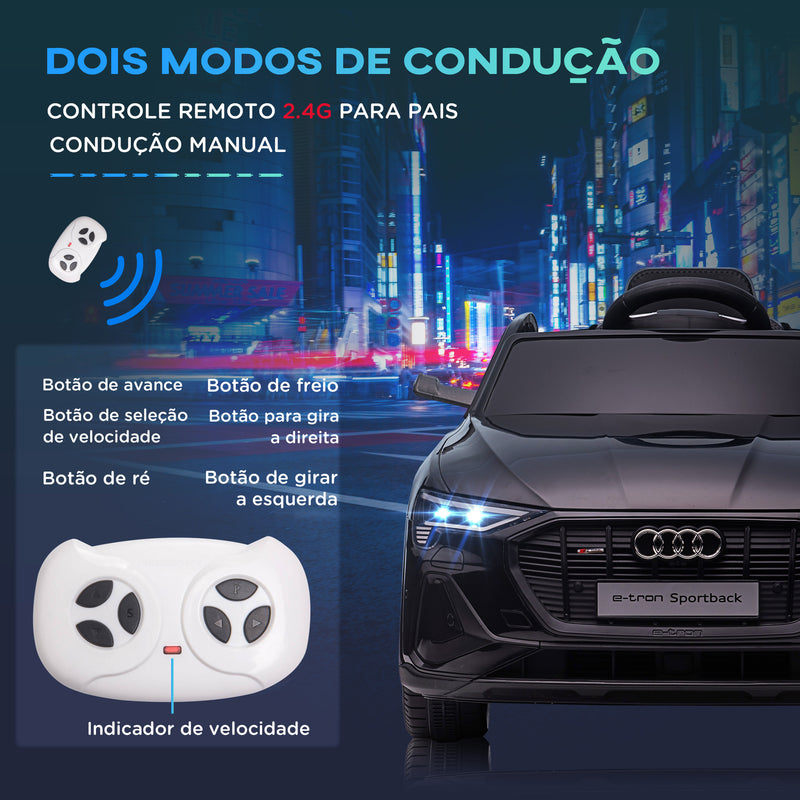 Carro Elétrico Audi E-Tron 12V para Crianças acima de 3 Anos com Controle Remoto Faróis Buzina Música MP3 TF USB e Abertura da Porta 3-8km/h 108x60x47 cm Preto