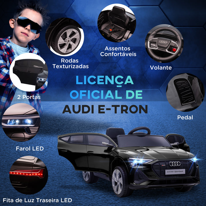 Carro Elétrico Audi E-Tron 12V para Crianças acima de 3 Anos com Controle Remoto Faróis Buzina Música MP3 TF USB e Abertura da Porta 3-8km/h 108x60x47 cm Preto