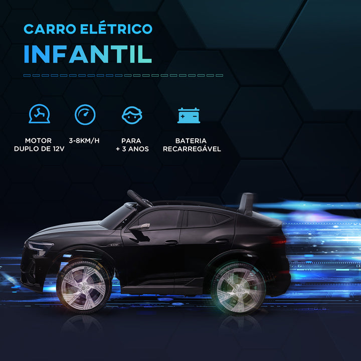 Carro Elétrico Audi E-Tron 12V para Crianças acima de 3 Anos com Controle Remoto Faróis Buzina Música MP3 TF USB e Abertura da Porta 3-8km/h 108x60x47 cm Preto