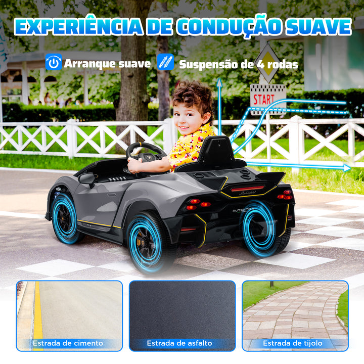 Carro Elétrico para Crianças acima de 3 Anos Carro Elétrico Lamborghini com Bateria 12V Controlo Remoto Faróis Buzina Arranque Lento e Música MP3 114,5x64x45,5 cm Cinza