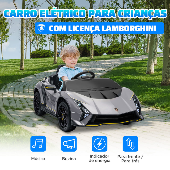 Carro Elétrico para Crianças acima de 3 Anos Carro Elétrico Lamborghini com Bateria 12V Controlo Remoto Faróis Buzina Arranque Lento e Música MP3 114,5x64x45,5 cm Cinza