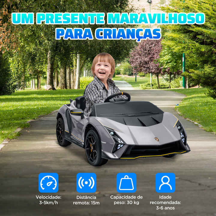 Carro Elétrico para Crianças acima de 3 Anos Carro Elétrico Lamborghini com Bateria 12V Controlo Remoto Faróis Buzina Arranque Lento e Música MP3 114,5x64x45,5 cm Cinza