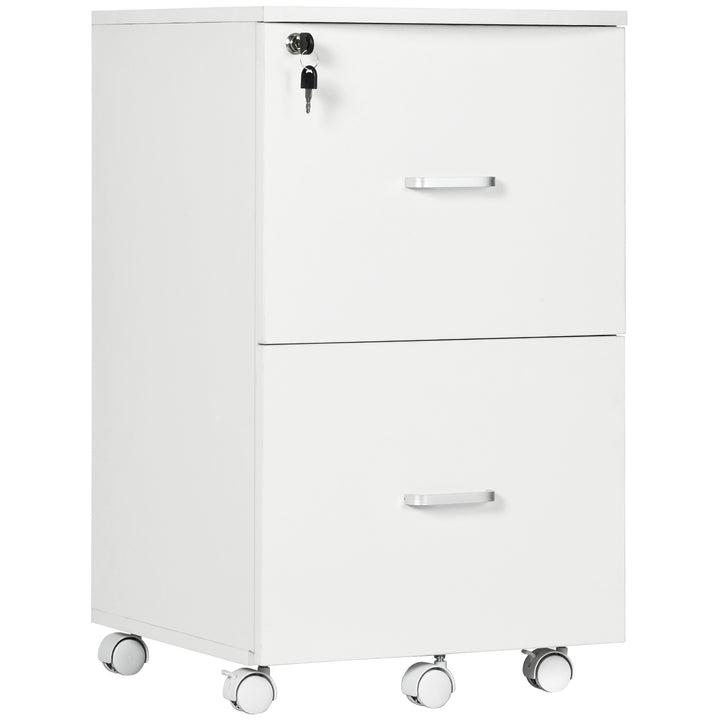 Bloco de Gavetas de Escritório Móvel Auxiliar para Arquivos com 2 Gavetas Fechadura 2 Chaves 5 Rodas e 2 Freios para Estúdio Escritório Dormitório 43x45x72cm Branco