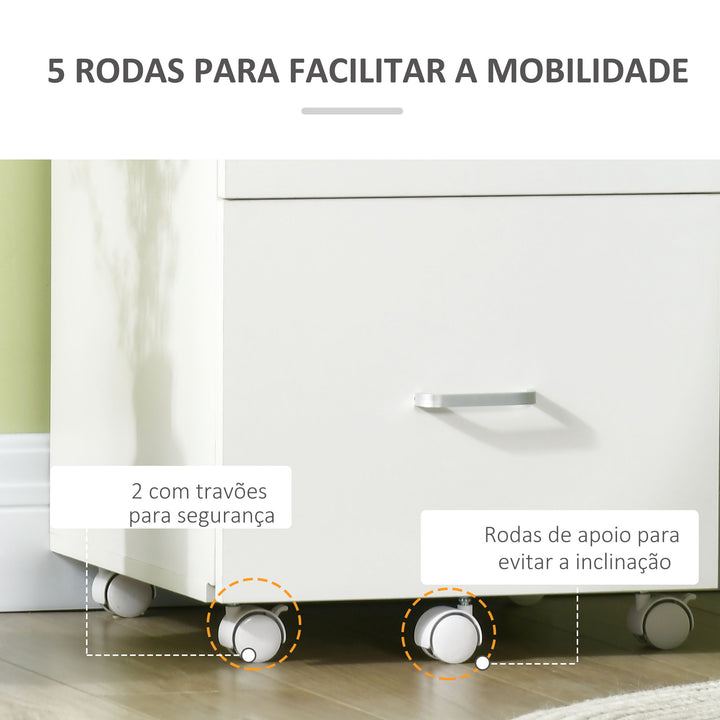 Bloco de Gavetas de Escritório Móvel Auxiliar para Arquivos com 2 Gavetas Fechadura 2 Chaves 5 Rodas e 2 Freios para Estúdio Escritório Dormitório 43x45x72cm Branco