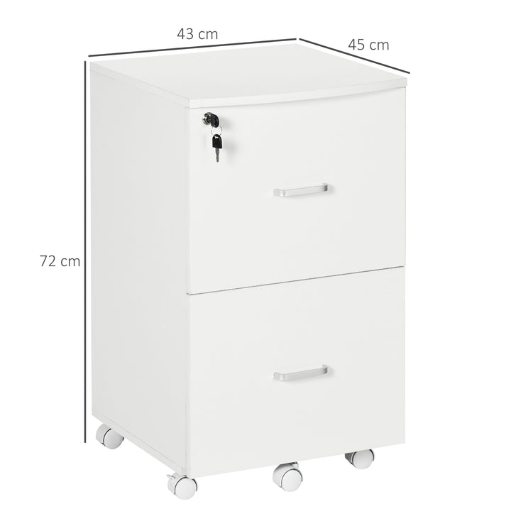Bloco de Gavetas de Escritório Móvel Auxiliar para Arquivos com 2 Gavetas Fechadura 2 Chaves 5 Rodas e 2 Freios para Estúdio Escritório Dormitório 43x45x72cm Branco