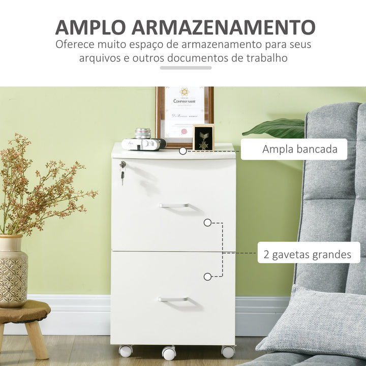 Bloco de Gavetas de Escritório Móvel Auxiliar para Arquivos com 2 Gavetas Fechadura 2 Chaves 5 Rodas e 2 Freios para Estúdio Escritório Dormitório 43x45x72cm Branco