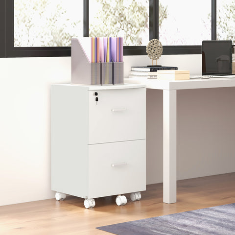 Bloco de Gavetas de Escritório Móvel Auxiliar para Arquivos com 2 Gavetas Fechadura 2 Chaves 5 Rodas e 2 Freios para Estúdio Escritório Dormitório 43x45x72cm Branco