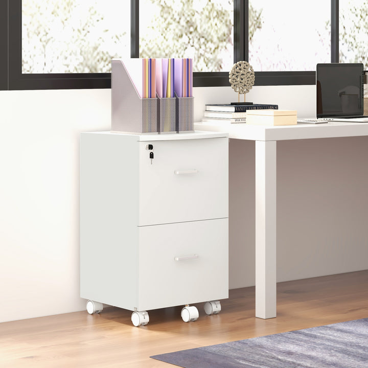 Bloco de Gavetas de Escritório Móvel Auxiliar para Arquivos com 2 Gavetas Fechadura 2 Chaves 5 Rodas e 2 Freios para Estúdio Escritório Dormitório 43x45x72cm Branco