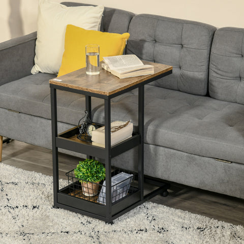Mesa Auxiliar Industrial Mesa Auxiliar em Forma de C com Rodas Prateleiras Abertas e Estrutura de Aço para Sala de Estar Dormitório 51x33x66 cm Marrom Escuro e Preto