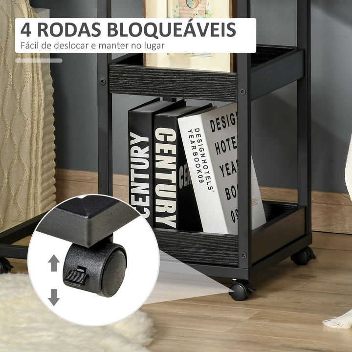 Mesa Auxiliar Industrial Mesa Auxiliar em Forma de C com Rodas Prateleiras Abertas e Estrutura de Aço para Sala de Estar Dormitório 51x33x66 cm Marrom Escuro e Preto