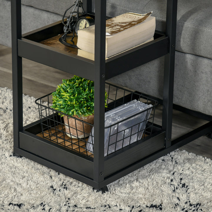 Mesa Auxiliar Industrial Mesa Auxiliar em Forma de C com Rodas Prateleiras Abertas e Estrutura de Aço para Sala de Estar Dormitório 51x33x66 cm Marrom Escuro e Preto