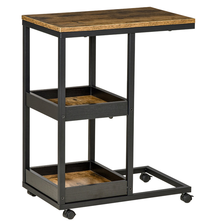 Mesa Auxiliar Industrial Mesa Auxiliar em Forma de C com Rodas Prateleiras Abertas e Estrutura de Aço para Sala de Estar Dormitório 51x33x66 cm Marrom Escuro e Preto