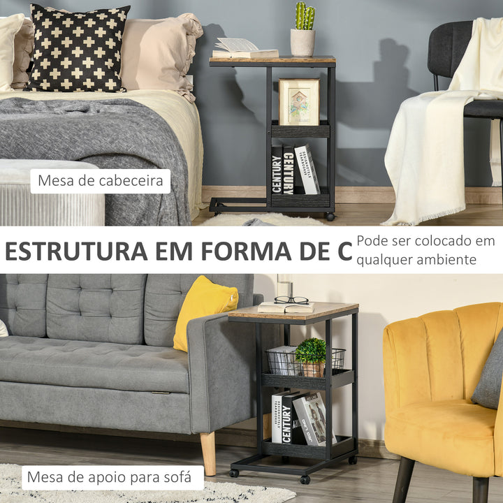 Mesa Auxiliar Industrial Mesa Auxiliar em Forma de C com Rodas Prateleiras Abertas e Estrutura de Aço para Sala de Estar Dormitório 51x33x66 cm Marrom Escuro e Preto