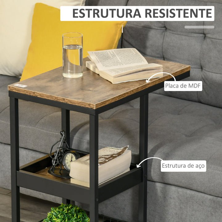 Mesa Auxiliar Industrial Mesa Auxiliar em Forma de C com Rodas Prateleiras Abertas e Estrutura de Aço para Sala de Estar Dormitório 51x33x66 cm Marrom Escuro e Preto