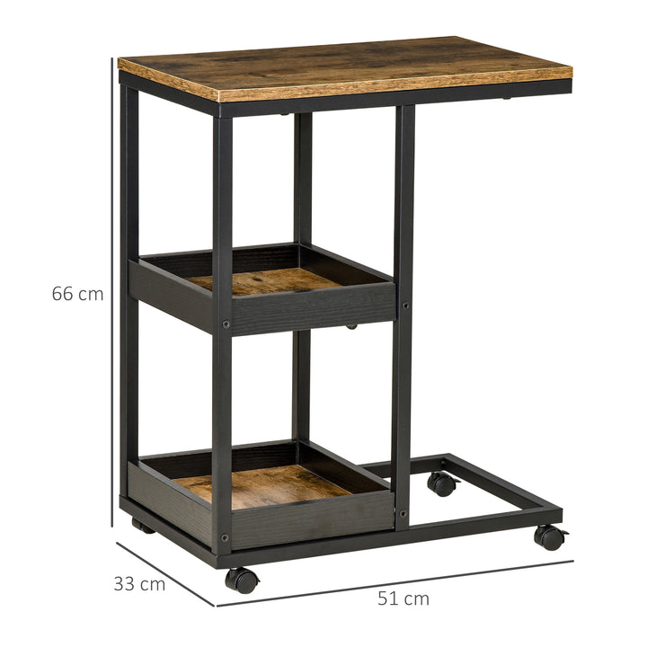 Mesa Auxiliar Industrial Mesa Auxiliar em Forma de C com Rodas Prateleiras Abertas e Estrutura de Aço para Sala de Estar Dormitório 51x33x66 cm Marrom Escuro e Preto